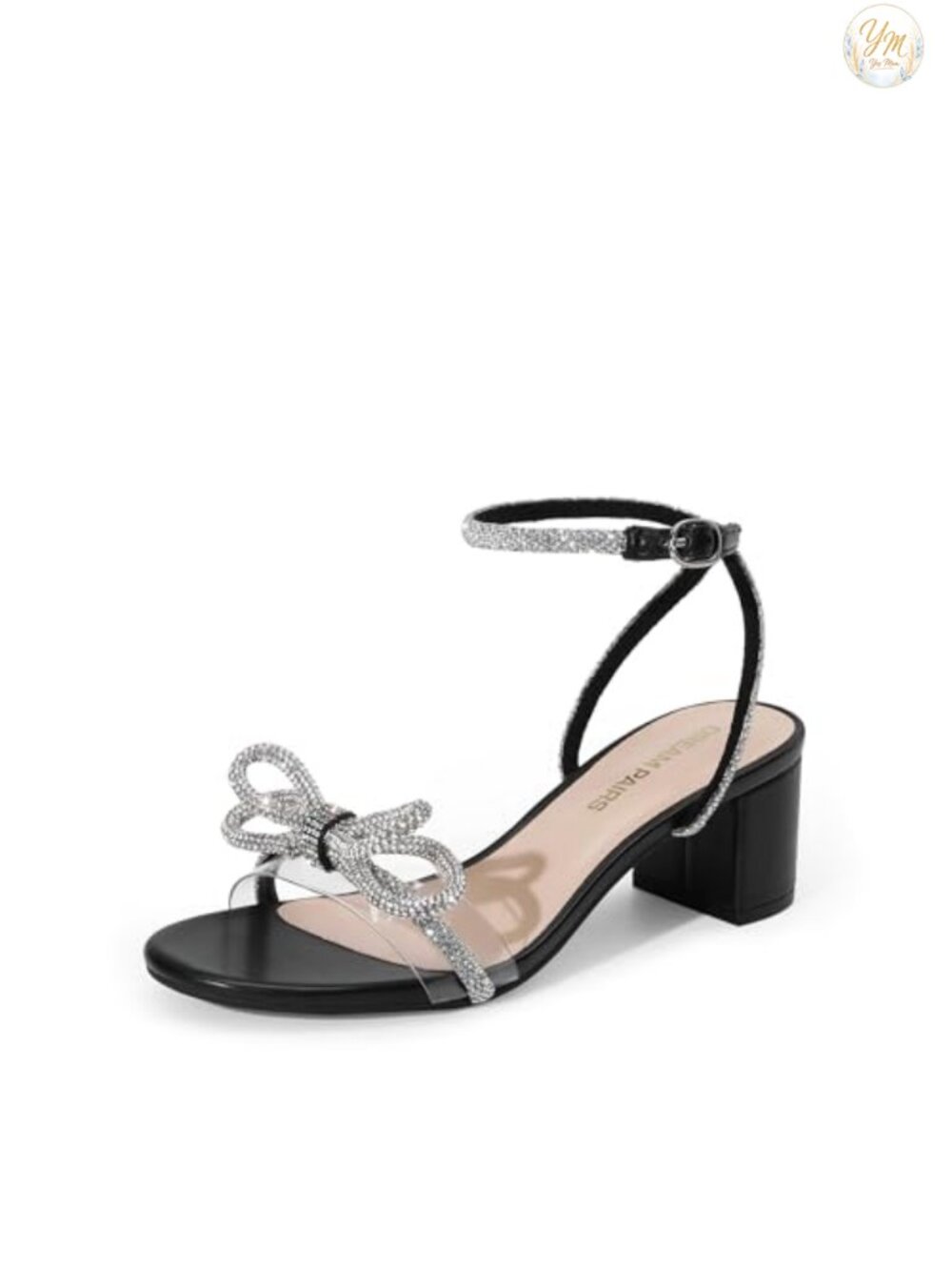 Rhinestone Double Bow Chunky Sandals Faux Leather Block Heel Ankle Strap